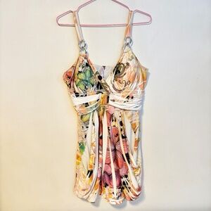 YoYo 5 Y2K V Neck Padded Sleeveless Mini Dress Chains Multicolor Floral Print XL